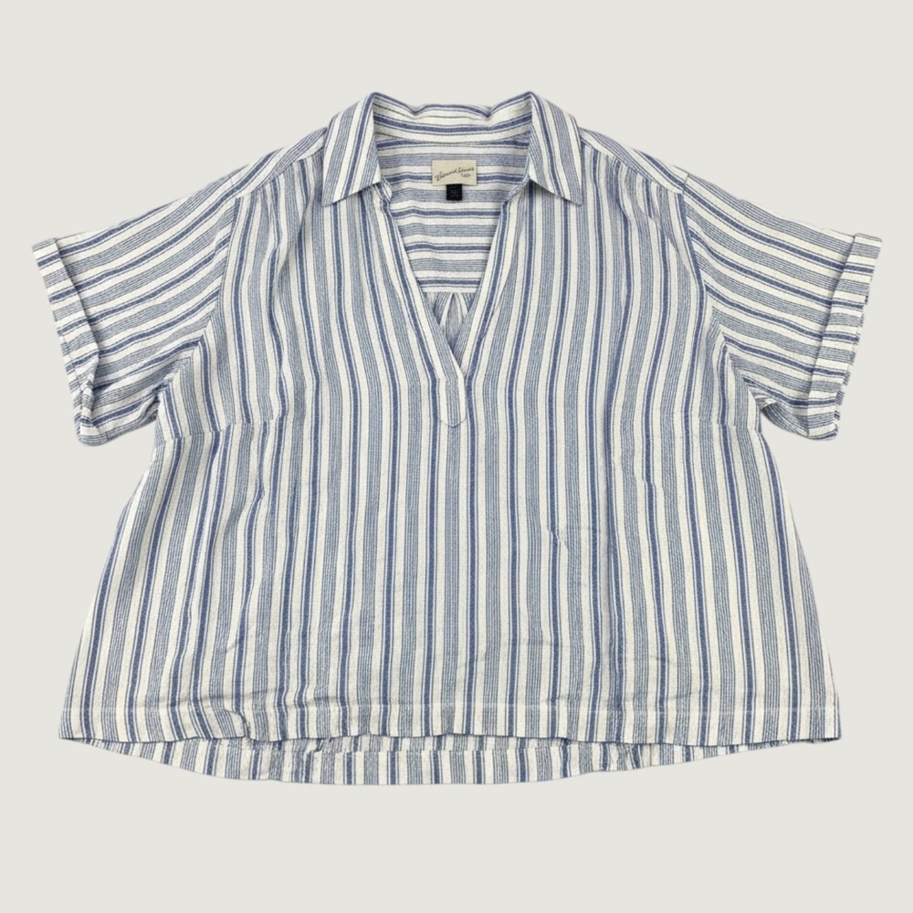 Universal Thread Striped V-Neck Top Women XXL Blue White Linen Blend Oversized